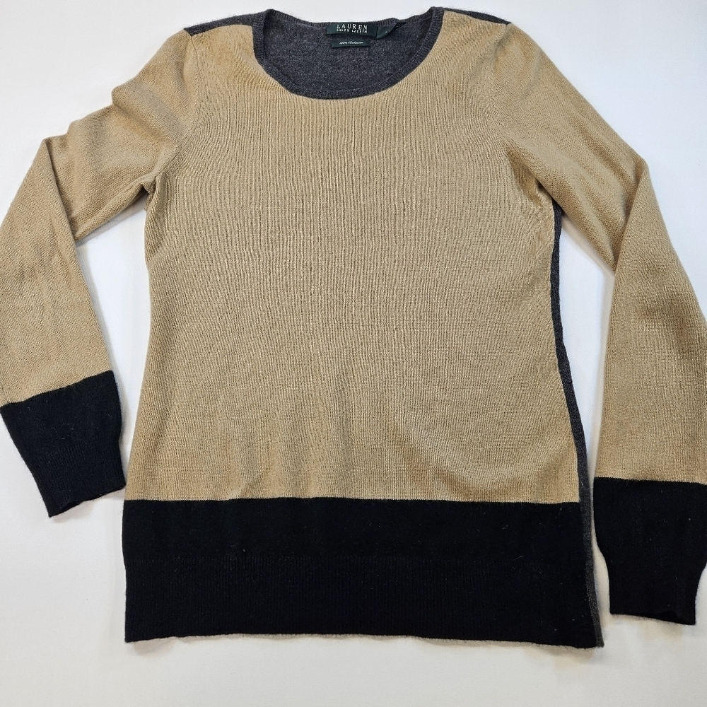 Lauren Ralph Lauren Large Knit Crew Neck 100% Cashmere Sweater Brown Tan